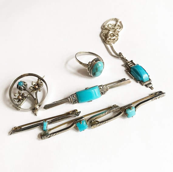 Antique / Art Nouveau / Art Deco / Silver Jewelry / Chain / Ring / Pendant / Bar Brooch Marcasites / Turquoise Gemstone Trim / 800 Silver