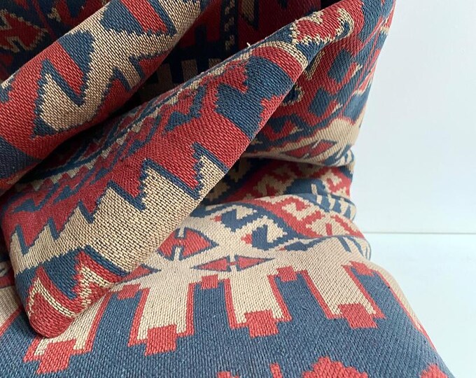 Vintage Kilim Nomad Rug - geometric pattern, couch throw, in ethnic style, red-blue-cream colors