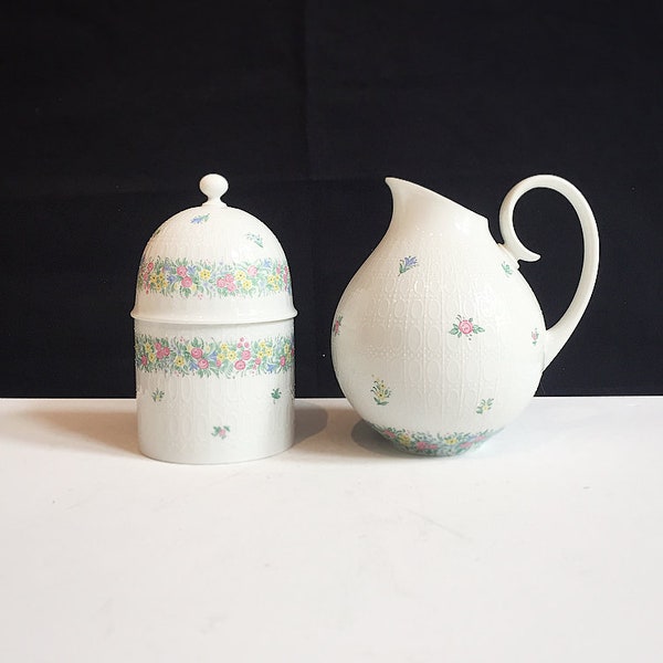 Vintage Rosenthal Porzellan / Romanze / Design Bjoern Wiinblad / Krug und Deckeldose  / Bunte Blumen