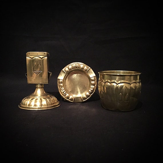 Antique Art Deco / Art Nouveau Tobacciana / Smoking Set / Brass / Ashtray / Matchbox Holder / Cigarettes Storage