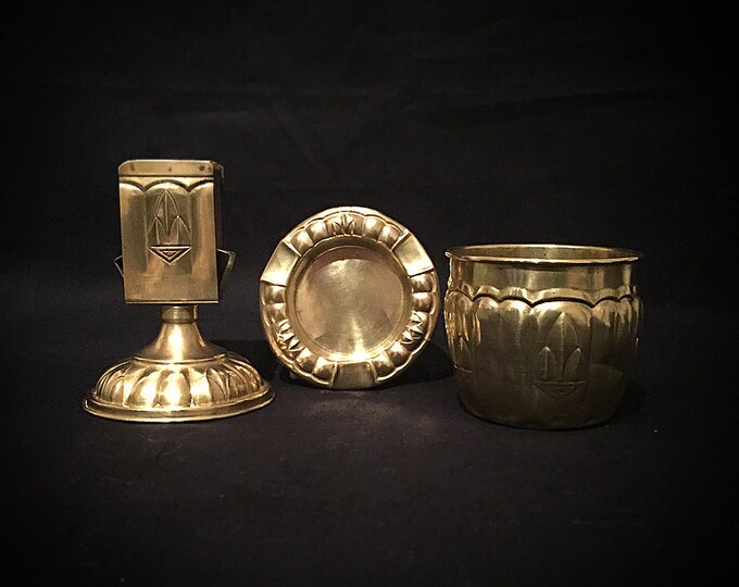 Antique Art Deco / Art Nouveau Tobacciana / Smoking Set / Brass / Ashtray / Matchbox Holder / Cigarettes Storage