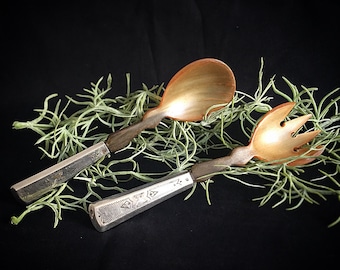 Antik Art Deco / Horn Besteck Set / 835 Silber Griff / kleines Salat Vorlegebesteck / Servierbesteck / Salatbesteck