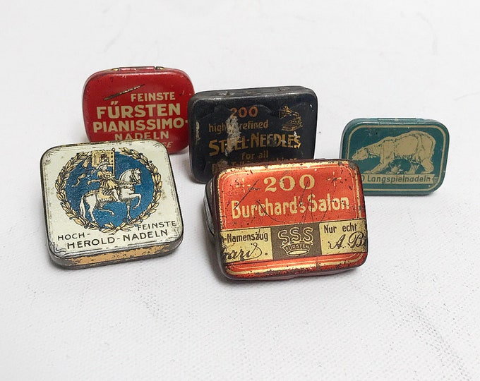 Antique Gramophone Needle Tins, Herold Needles, Finest Princes Pianissimo Needles, Buchards Salon, Small Tins