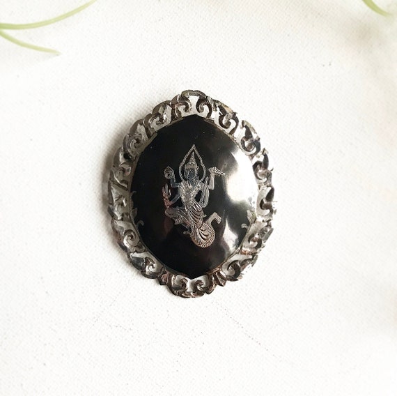 Vintage 925 sterling silver Siam Toledo brooch / with deity / goddess Shiva / enamel