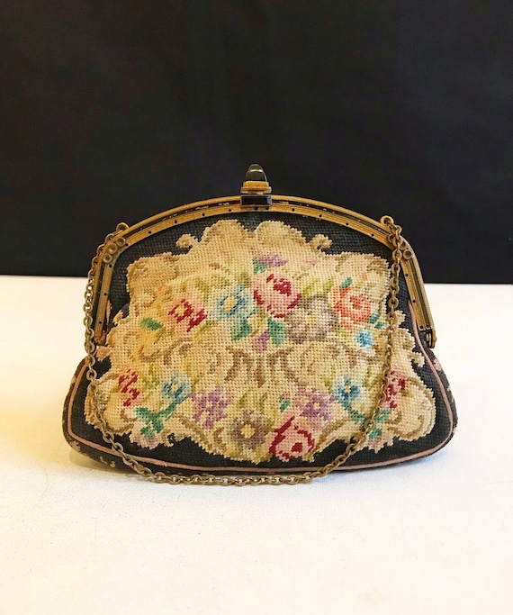 Antique art deco petit point tapestry bag / floral embroidery / clutch / evening bag with chain / gold