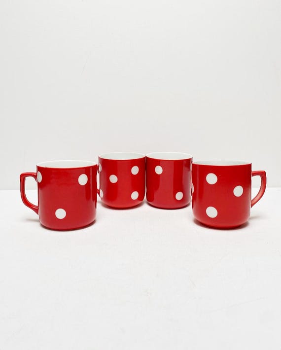 Vintage Porcelain Coffee Mug Thun Karlovarsky Porcelain, Porcelain Factory Heinrich Reinl, "Czechoslovakia" Red-white, dotted, Coffee Cup