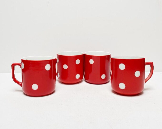 Vintage Porcelain Coffee Mug Thun Karlovarsky Porcelain, Porcelain Factory Heinrich Reinl, "Czechoslovakia" Red-white, dotted, Coffee Cup