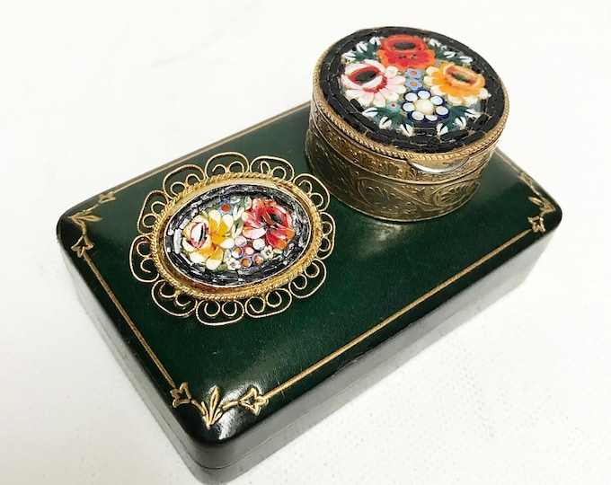 Vintage Millefiori brooch and pill box / micro mosaic / Italy / flower pattern / gold-colored / Italy, set in leather case