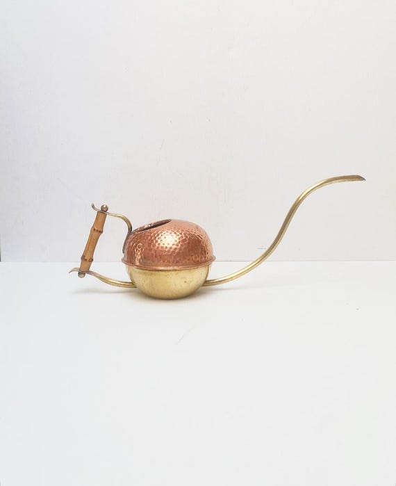 Vintage Copper & Brass Watering Can with Bamboo Handle / Small Watering Can / Retro / Mid Century