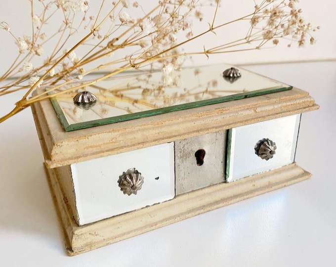 Antique Art Nouveau mirror wooden box, casket - lidded box / storage, painted beige