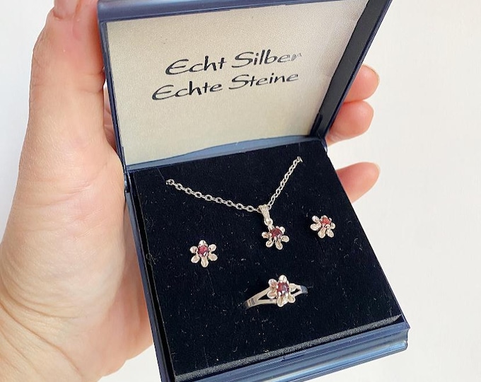 Vintage 835 silver jewelry set, anchor necklace with flower pendant, stud earrings and ring, red stone