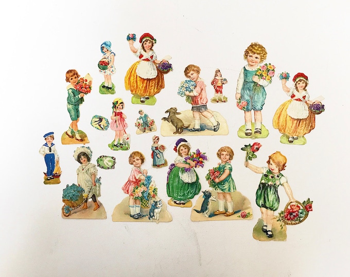 Antique glossy pictures, wafers "flower children", girls and boys / scrapbooking / set 2