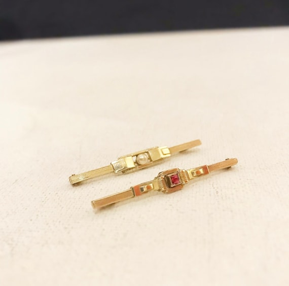 Antique Art Deco double gold brooches, pearl and glass stone in red / bar brooch / brooch