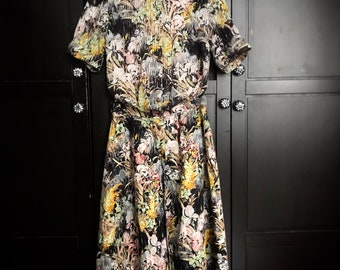 True vintage rockabilly skirt and blouse, floral motif - black "Fink model" size 42 / retro clothing / 50's - 60's