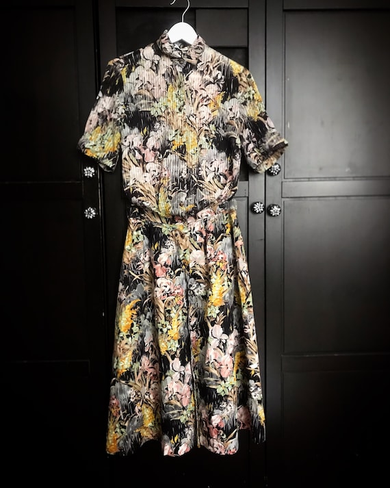 True vintage rockabilly skirt and blouse, floral motif - black "Fink model" size 42 / retro clothing / 50's - 60's