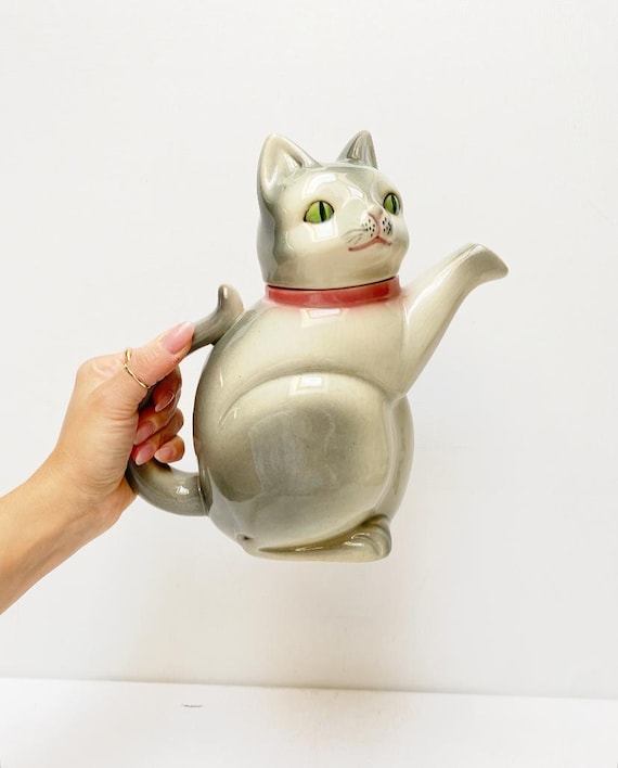 Vintage Cortendorf Cat Coffee Pot, U.S. Zone, Ceramic Pot, Cat Pink Bow