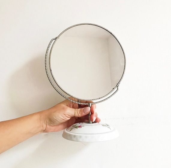 Vintage cosmetic mirror / table mirror with porcelain base / standing mirror with floral decoration