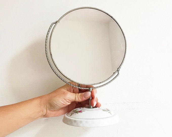 Vintage cosmetic mirror / table mirror with porcelain base / standing mirror with floral decoration