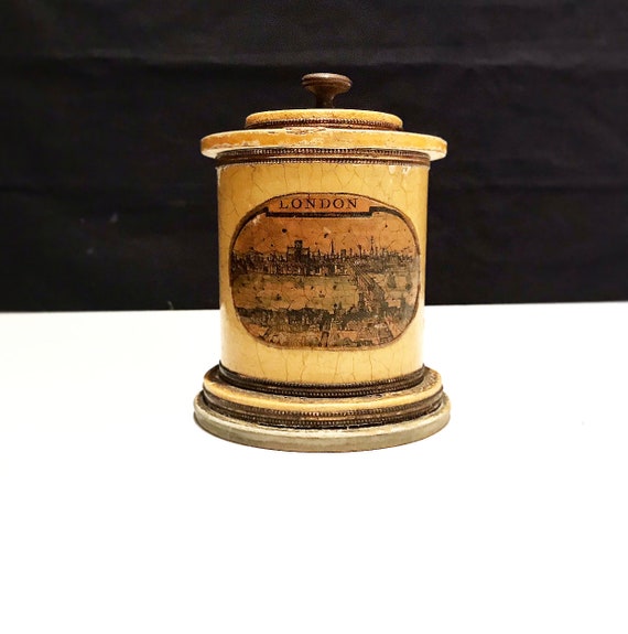 Antique Tobacco Box / Paper Mache / London / Tobacco Box / Pipe Tobacco Lid Box / Snuff / Vintage Craquelure