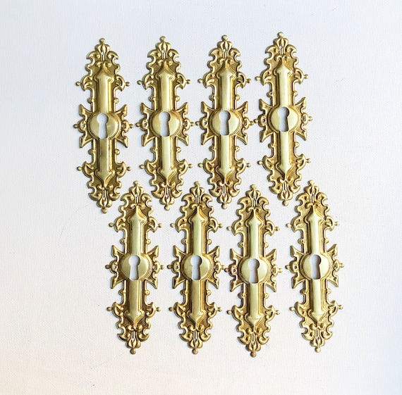 2 pieces, antique brass keyhole cover / rosette / door or drawer / metal cover / keyhole plate / panel / restoration