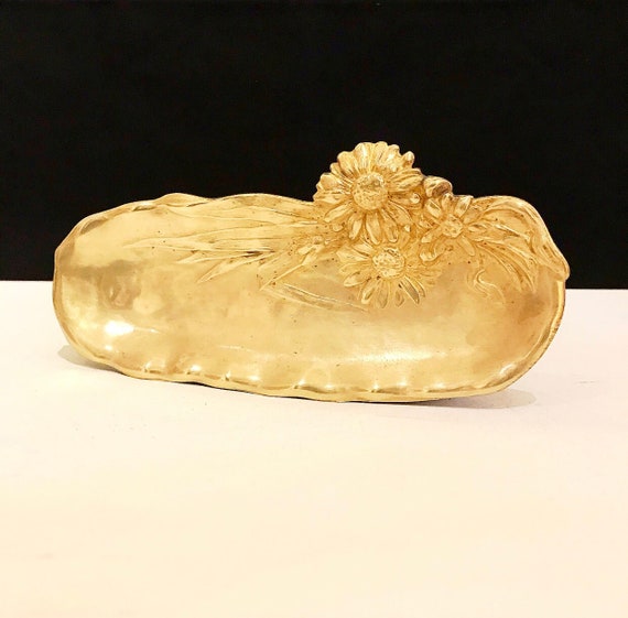 Vintage brass pen tray, "Daisies" floral motif, jewelry tray