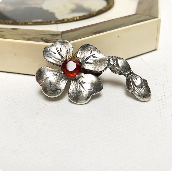 Art Deco 835 Silver Clover Pin Brooch / Antique Rhinestone Brooch, Lucky Charm - Four-leaf Clover / Jewelry