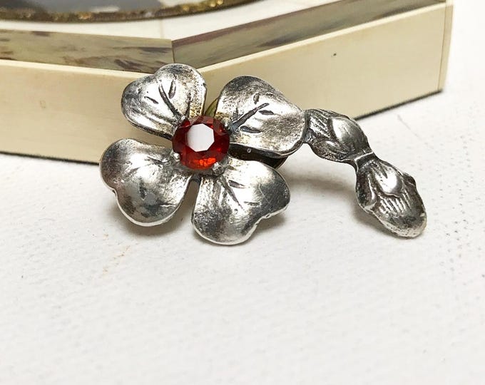 Art Deco 835 Silver Clover Pin Brooch / Antique Rhinestone Brooch, Lucky Charm - Four-leaf Clover / Jewelry