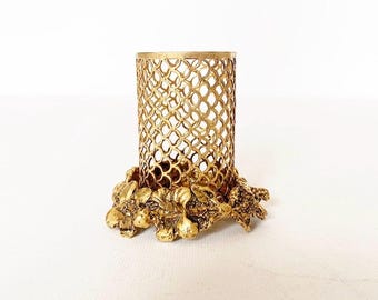 Vintage Messing Pinselhalter Filigran – Barock Schminktisch Deko – Hollywood Regency Lippenstifthalter Gold