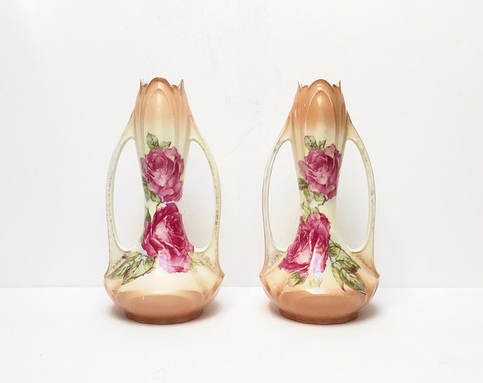 Antique Art Nouveau porcelain fireplace vases with rose motif / apricot - pink / vase set