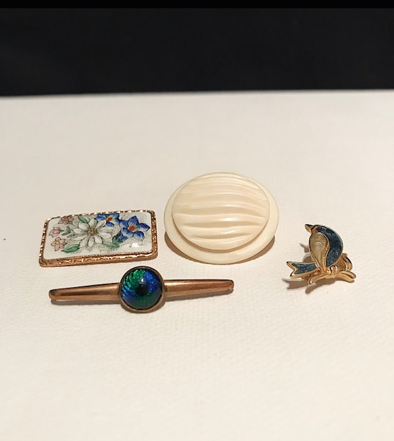 Vintage brooches / brass copper enamel and bone / traditional / floral with gentian / little bird