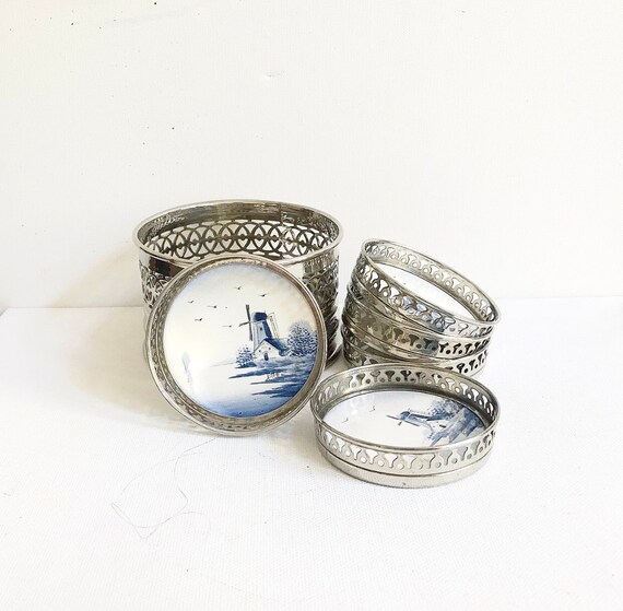 Vintage ceramic coaster set, Delft Holland, hand painted / windmill motif, bottle holder & glass coaster