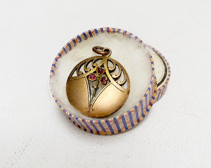 Antique Art Nouveau pendant with three rubies, pendant in jewelry box, gold-plated