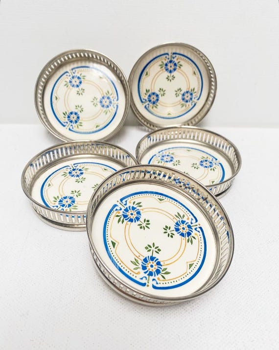 Antique Art Nouveau ceramic coaster set, floral motif glass coasters
