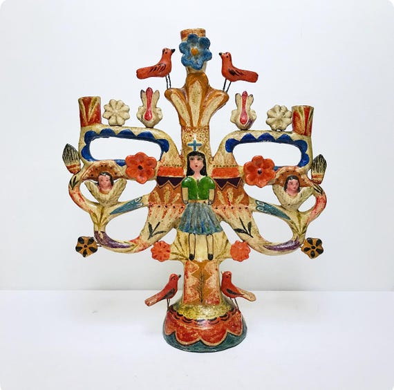 Mexican Tree of Life by "Aurelio Flores", Candelabra, Naive Art, Candle Holder Vintage, Mexico Folk Art