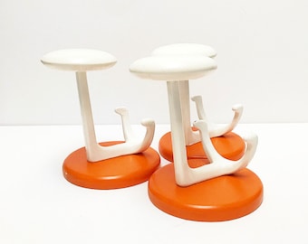 Retro set of wooden coat hooks, orange-white / vintage coat rack / space age coat hooks / towel holder