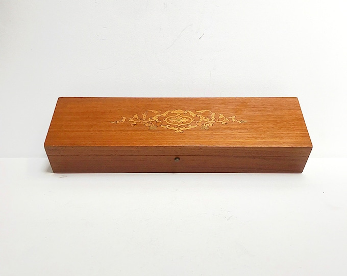 Antique inlaid wooden box / storage, elongated lidded box, for ties, gloves or knitting needles