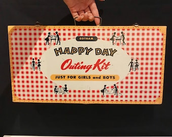 Vintage 50's Gotham Happy Day "Outing Kit" just for girls and boys / picnic tin case / children's toy, tin / retro