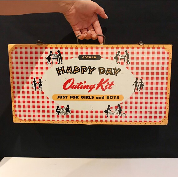 Vintage 50's Gotham Happy Day "Outing Kit" just for girls and boys / picnic tin case / children's toy, tin / retro