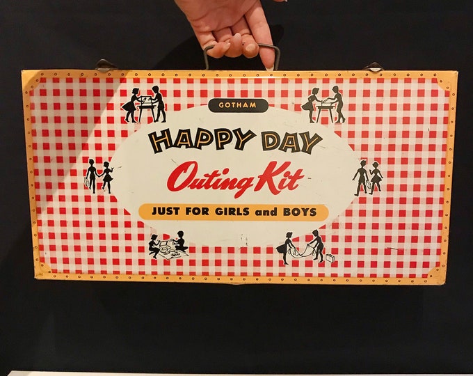 Vintage 50's Gotham Happy Day "Outing Kit" just for girls and boys / picnic tin case / children's toy, tin / retro