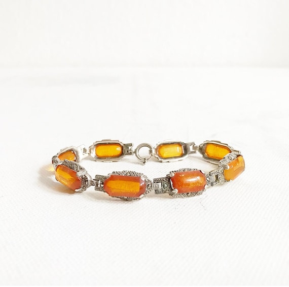 Antique Art Deco amber 835 silver bracelet with marcasites, link bracelet real silver
