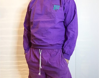 Vintage México leisure shirt and shorts "Bye bye" Cancun 90's fashion. Purple, cotton, sailing, made in / hecho en Mexico, leisure suit