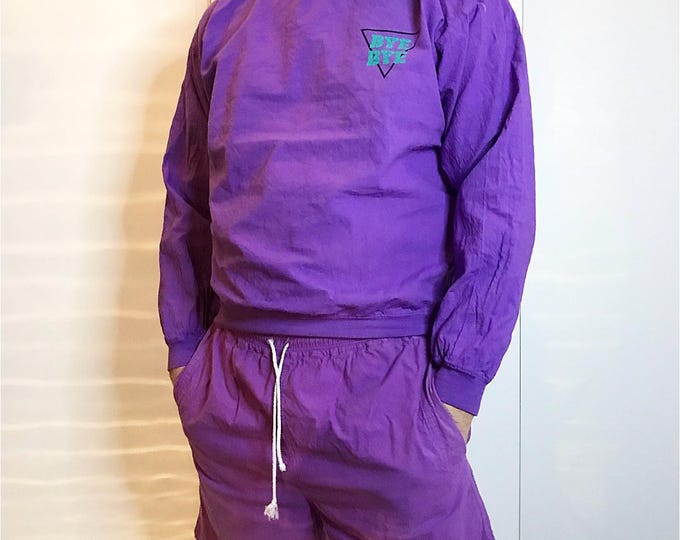 Vintage México leisure shirt and shorts "Bye bye" Cancun 90's fashion. Purple, cotton, sailing, made in / hecho en Mexico, leisure suit