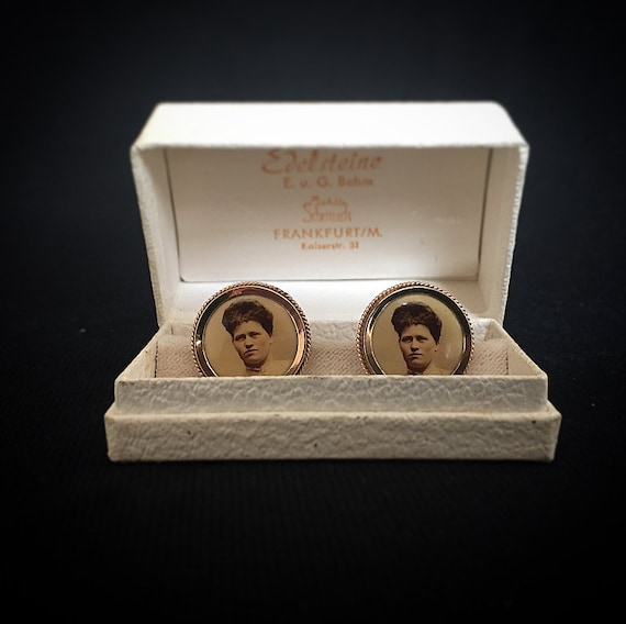 Antique cufflinks / early days / art nouveau / foam gold / rolled gold / portrait / photo of a lady