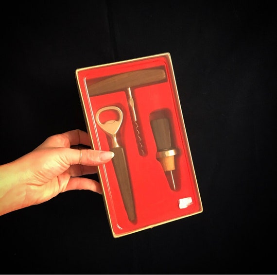 Retro brass teak set / bottle opener / bottle opener / wine bottle opener / pourer / vintage brass / bar