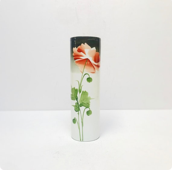 Antique Art Deco opal glass vase with hand-painted flower motif, hand-painted