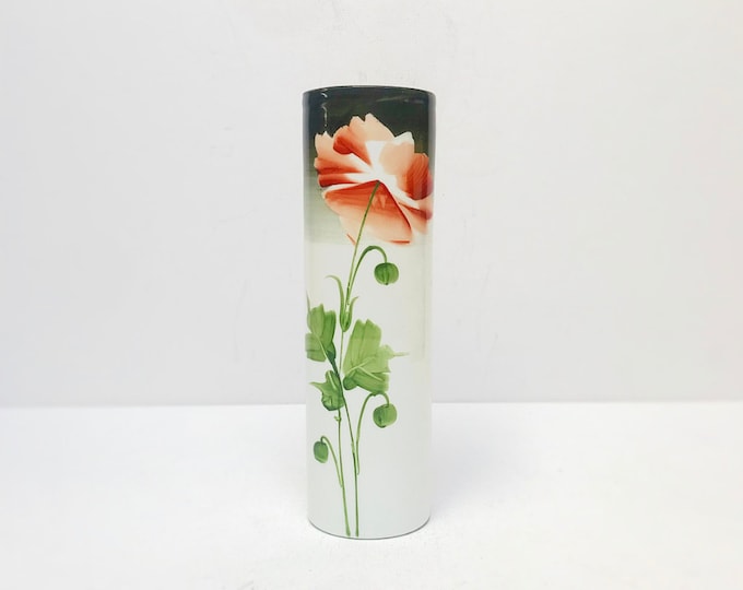 Antique Art Deco opal glass vase with hand-painted flower motif, hand-painted