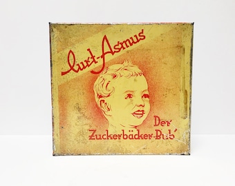 Antique Art Deco tin can "The Sugar Bread Boy" Asmus, Limburg, yellow-red, brown cakes