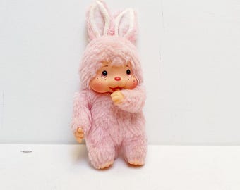 Vintage Pink Monchichi Plush Toy, Squeaker, Pink Rabbit Stuffed Animal, Doll