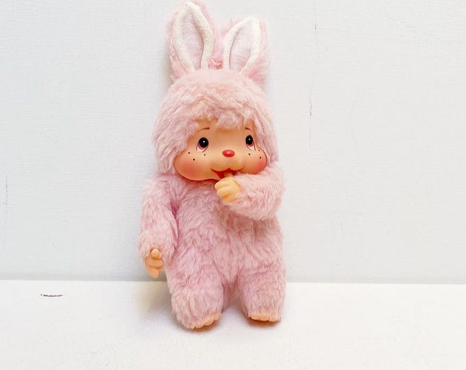 Vintage Pink Monchichi Plush Toy, Squeaker, Pink Rabbit Stuffed Animal, Doll