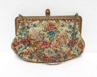 Antique Art Deco Petit Point Tapestry Bag / Floral Embroidery / Clutch / Evening Bag with Chain / Gold, with Hand Mirror and Comb